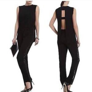 BCBG Mirabella Sleeveless Sequin Tuxedo Jumpsuit Open Back Black XS EUC